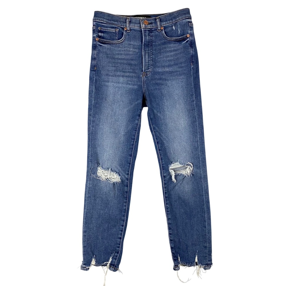 Express Womens Slim Ankle Super High Rise Ripped Jeans Raw Hem Size 8 Blue Denim